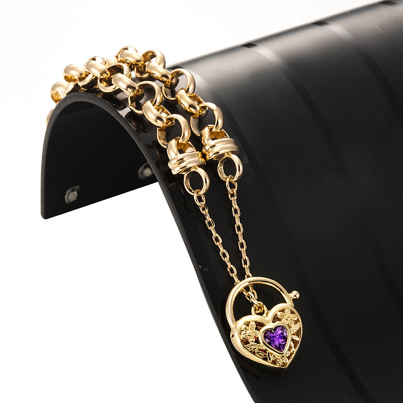 18ct Heavy Yellow Gold Plated 10mm Belcher Chain Bracelet with a Purple Filigree Locket - USA Made-1